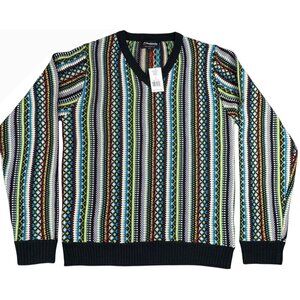 Skedouche The Kosby Mens L Colorful Preppy 90s V-Neck Striped Sweater Wool Blend
